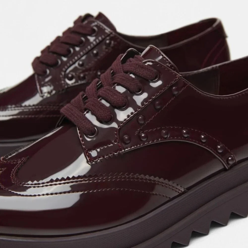 NWT Zara Platform Patent Faux Leather Derby Oxfords 38 7.5 Studs Burgundy Chunky